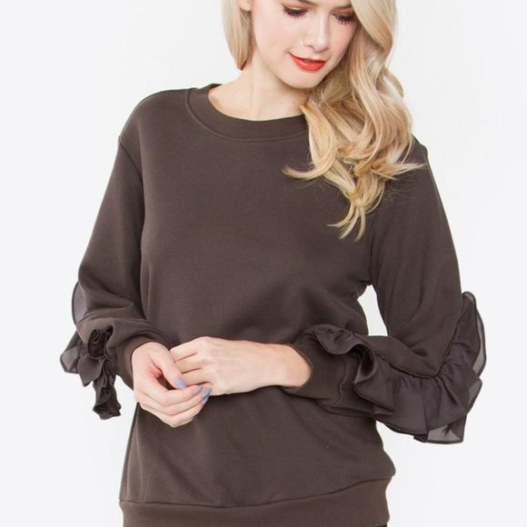 Sugar Lips Long Sleeve Ruffle Elbow Crewneck Sweat - Picture 1 of 7